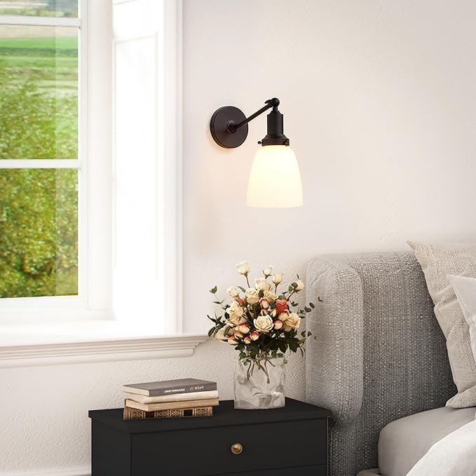 PERMO Industrial Vintage Slope Pole Single Sconce with 5.5" Oval Dome White Glass Shade Black Wall Sconce Wall Mount Light Lamp Fixture