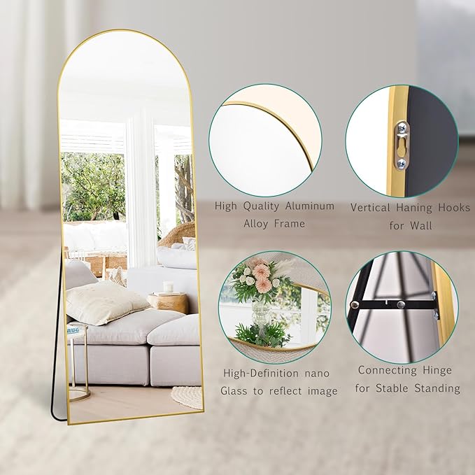 TinyTimes 70''x26'' Full Length Mirror, Large Arched Floor Mirror with Stand, Oversized Wall Mirror, Full Body Mirrors Standing Leaning for Living Room, Bedroom (Gold)