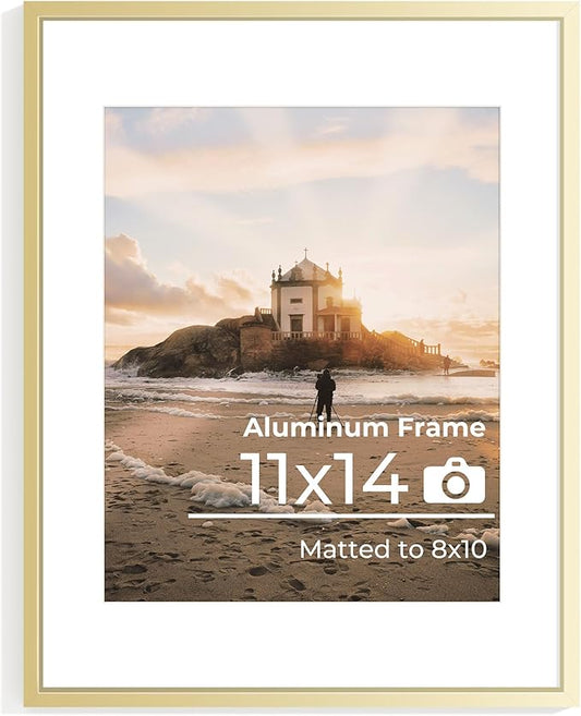 11x14 Aluminum Picture Frame Golden, 11 x 14 Metal Photo Frames with Removable Mat for 8 x 10 Photo, Metal Poster Frame Sawtooth Hanger for Easy Wall Display, Set of 1
