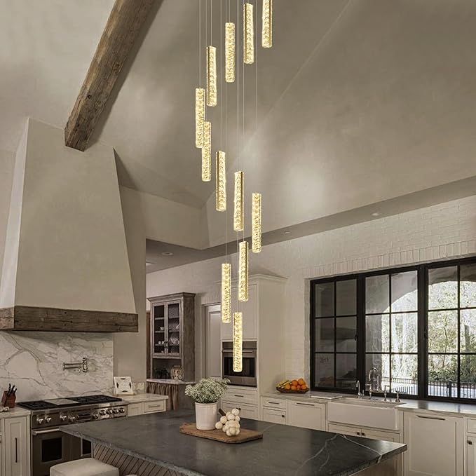 IDEQU Modern LED 120inch Long Spiral Staircase Crystal Chandelier High Ceiling Chandelier Lighting for Foyer Hallway 12-Light Gold Dimmable 2700K-6000K