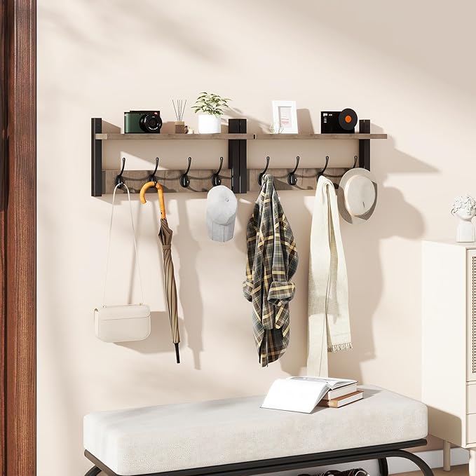 YMYNY Coat Rack Shelf Wall Mounted, Coat Hooks Set of 2, Entryway Coat Hanger with 8 Hooks, 31.5" Wall Floating Shelf with Hat Rack, for Kitchen, Bedroom, Bathroom, Silver Gray UHWS001Y-2