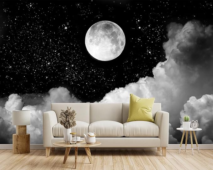 -Gray Galaxy Universe Moon Fabric Wallpaper Ceiling Starry Night White Clouds Living Room Bedroom Bathroom Boys and Girls Children's Room Large Mural- 160"x108"（ not Peel and Stick）