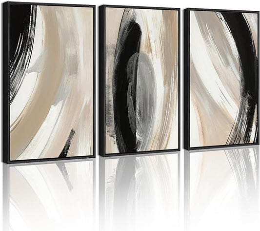 KUVIOKE Modern Abstract Framed Wall Art Black Neutral Minimalist Ink and Wash Graffiti Pastel Wall Decor for Bedroom Living Room 16x24in (Black Framed)