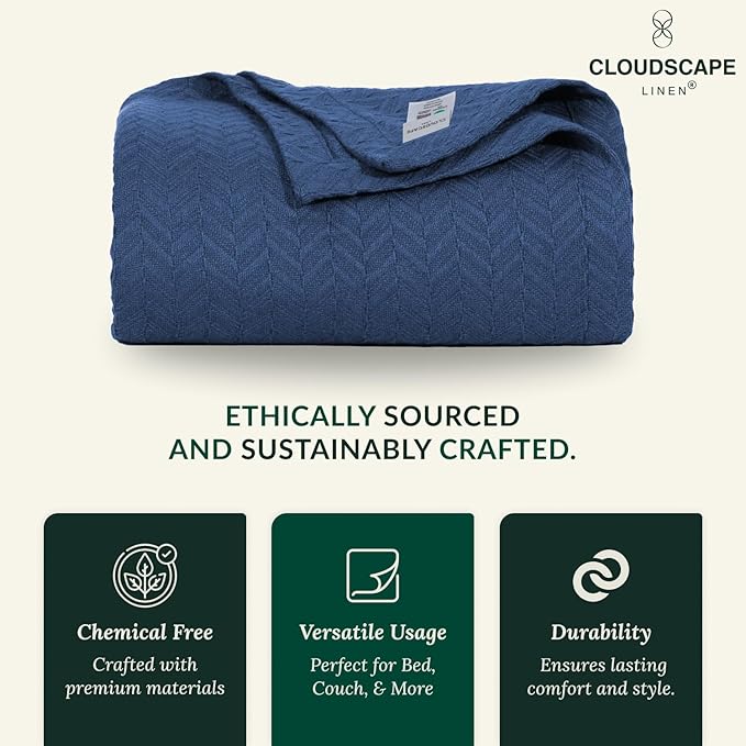 Cloud Scape Linen Herringbone Cotton Throw Blanket for Couch, Bed,Sofa, Home Decor, Soft, Lightweight, All-Season Bed Blanket, 50 x 70,Ensign Blue