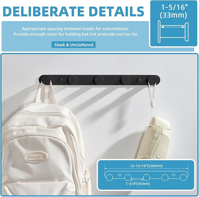 Angle Simple Towel Hook Rack Matte Black, SUS304 Stainless Steel Bathroom Hook Rail 5 Hooks, Utility Kitchen Towel Holder, Wall Mount