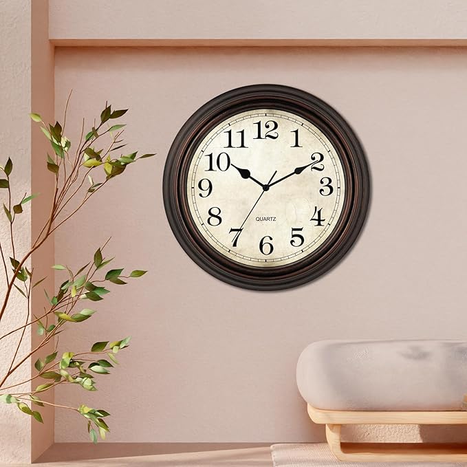 HYLANDA Wall Clock, 12 Inch Silent Non Ticking Battery Operated Clocks, Decorative for Living Room, Bedrooms, Kitchen (Bronze)