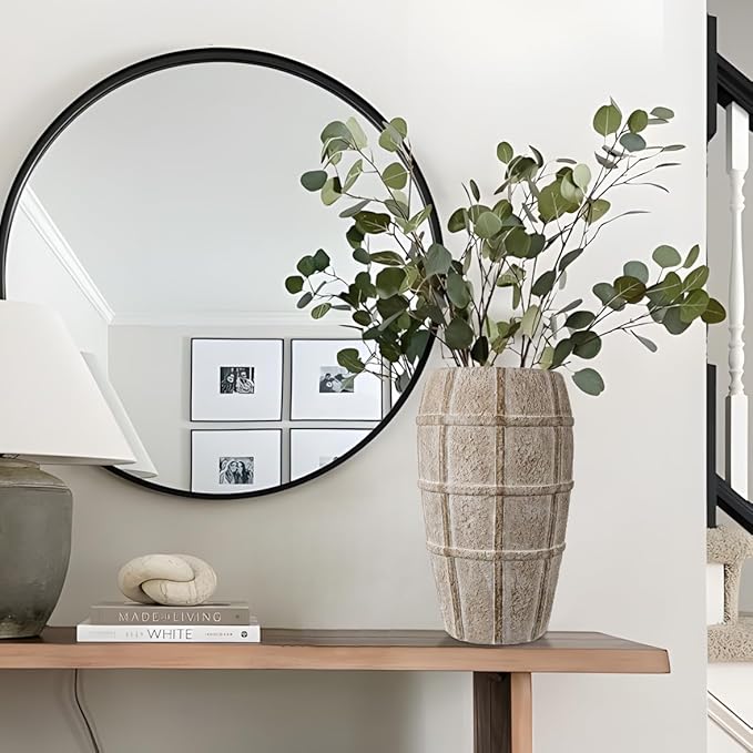 Briful Rustic Terracotta Flower Vase for Home Decor 12" Brown Farmhouse Textured Barrel-Style Ceramic Vase Vintage Handcrafted Gridded Design for Faux & Dried Flowers Living Room Table Centerpiece