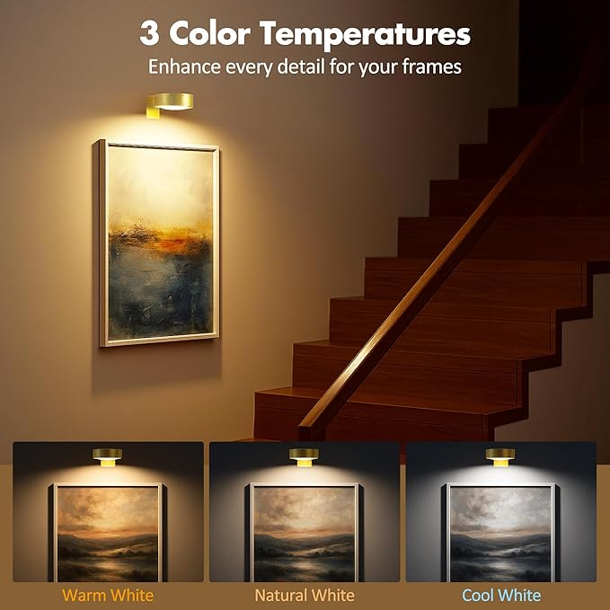 3Pcs Battery Operated Picture Light, Magnetic Led Painting Light with Remote Dimmable and Timer, 3 Lighting Modes Art Display Light for Picture Frame Paintings, Wireless Wall Decor Puck Lights, Gold