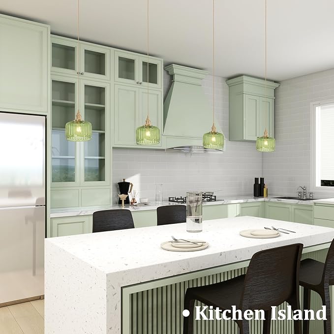 Pendant Light 2 Pack with Green Striped Glass Lmapshade, Brass Vintage Pendant Light Adjustable Hanging Light for Kitchen Island Dining Room Hallway