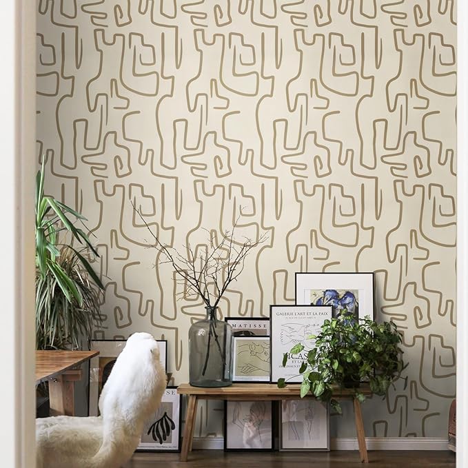 Ismoon Peel and Stick Wallpaper Modern Geometric Wallpaper 17.3inx197in Gold and Beige Contact Paper Self-Adhesive Removable Wallpaper for Bathroom Cabinets Walls Countertop Waterproof Thicken Vinyl
