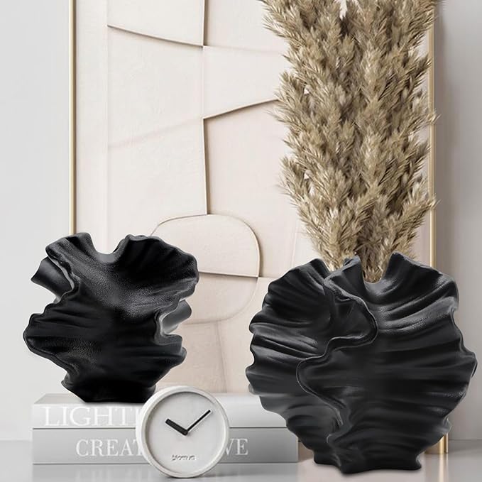 Ceramic Vase - Set of 2 for Home Decor,Black Flower Shape Pampas Vases Minimalist Nordic Boho Style for Modern Farmhouse Decor, Living Room、 Kitchen、Mantle、Bedroom、Dining Table、Office