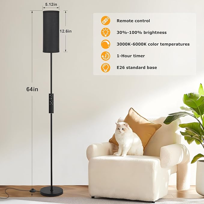 Ambimall 64'' Floor Lamps for Living Room with Remote Control and Stepless Dimmable Colors Temperature & Brightness, 9W Bulb Included(Black Lampshade & Black Pole)