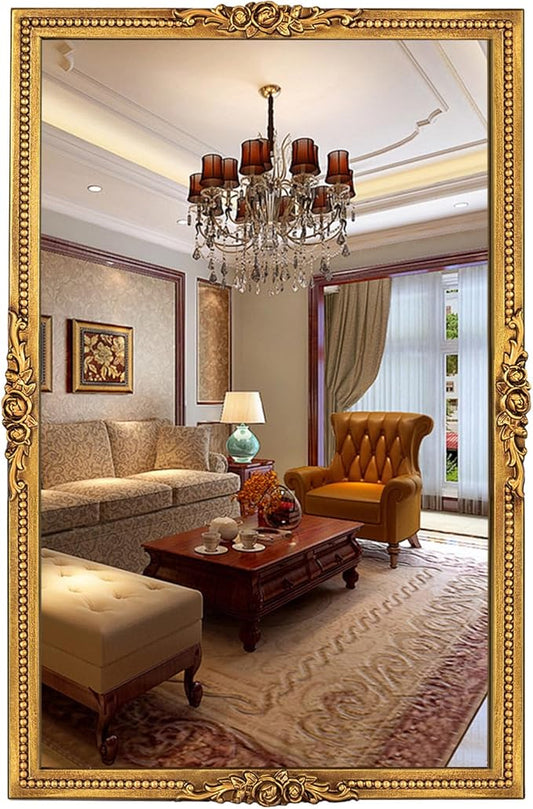 Antiqued Gold Wall Mirror with Beaded Frame – 24 * 36in Traditional & Flourish Baroque Ornate Rectangle Mirror for Over Fireplace/Entryway Vanity, Living Room or Event – Home Décor