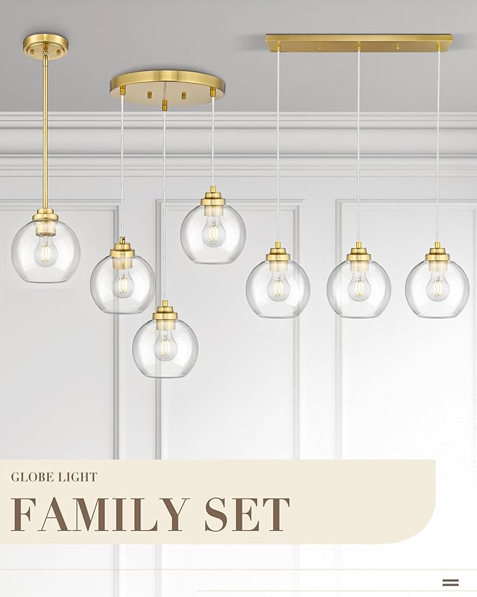 3-Light Gold Linear Chandelier, Globe Kitchen Island Lighting, Modern Pendant Light with Clear Glass for Dining Room Living Room Pool Table, ZCPL101BG-3S