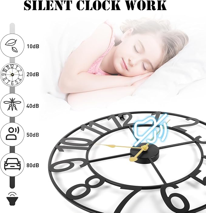 24-Inch Large Wall Clocks for Living Room Decor, Silent Non Ticking Wall Clocks Battery Operated, Decorative Analog Metal Indoor Wall Clock for Kitchen, Bedroom, Office Decor-Gold Hands