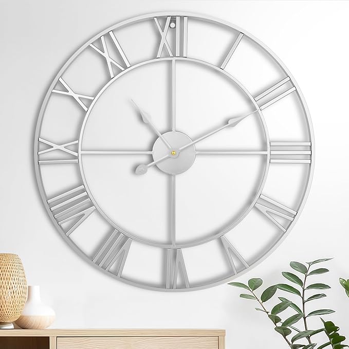 Large Wall Clock, 24-Inch(60CM) Roman Numeral Decorative Art,Completely Silent, Non Ticking, Battery-Operated Metal for Living Room, Bedroom and Kitchen-Silver