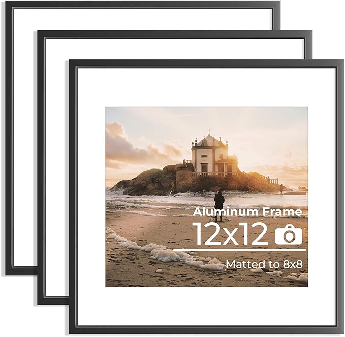 12x12 Metal Picture Frame Black, 12x12 Durable Thin Aluminum Photo Frames with Removable Mat for 8x8 Photo, Wall Hanging Metal Poster Frame with High Definition Plexiglass, Set of 3