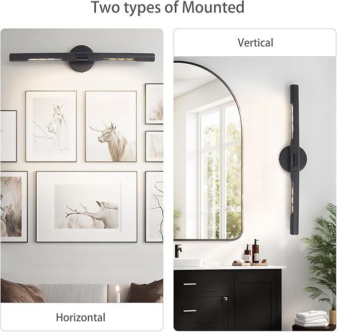 Hardwired Black Picture Light for Wall,23.6 Inch Knurled Wall Lights for Pictures Set of 2,Rotatable 360° Modern Gallery Light for Living Room Bathroom Study Room, E12 Bulbs Included