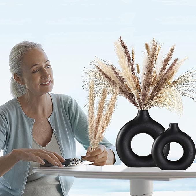 Black Ceramic Vases Set of 2, Modern Design for Home Decor,Black Style for Pampas Grass Matte Ceramic Vase for Farmhouse Living Room Kitchen Bedroom Mantle Coffee Dining Table Decoration