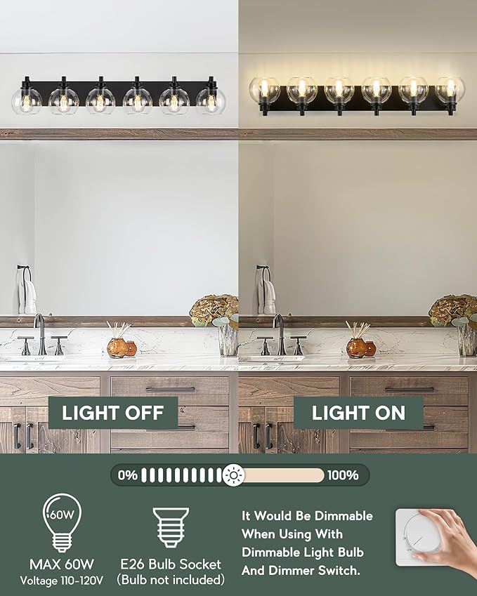 Bathroom Light Fixtures, 6 Light Matte Black Vanity Light, 38 Inch Modern Wall Sconces with Globe Clear Glass Shade, Vanity Lighting Fixtures Over Mirror, VL195-MB-6