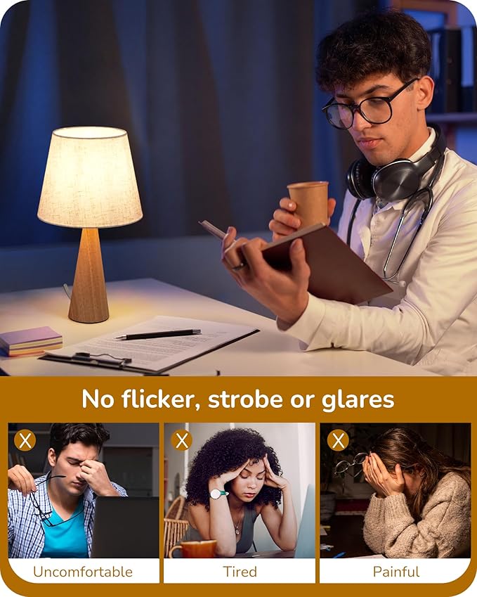 EDISHINE 13.58" Small Cute Table Lamp, Wooden Base Bedside Lamp with Beige Linen Lampshade, Space-Saving Nightstand Lamp for Nursery Bedroom Living Room, E26, ON-Off Button, Burlywood Base