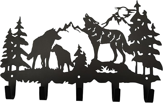 Metal Wolf Coat Hooks Wall Art Decor-Wolf Hangers and Key Holder-Clothes Rack and Backpack Hanger-Animal Theme Hooks Sweet Home Decor for Storage, Living Room, Hallway, Office (Black)