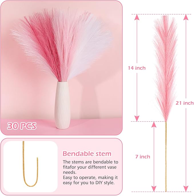 30 Pcs Pink White Pampas Grass Decor: 21.7" Fluffy Faux Small Pampas Grass Artificial Flower Vase Filler for Home Wedding Living Room Wall Party Decoration
