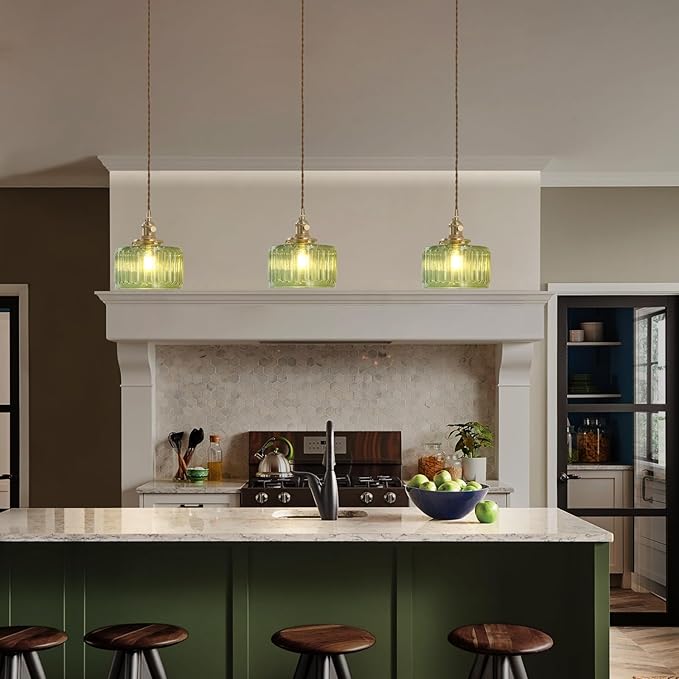Pendant Light with Green Striped Glass Lmapshade, Brass Vintage Pendant Light Adjustable Hanging Light for Kitchen Island Dining Room Hallway