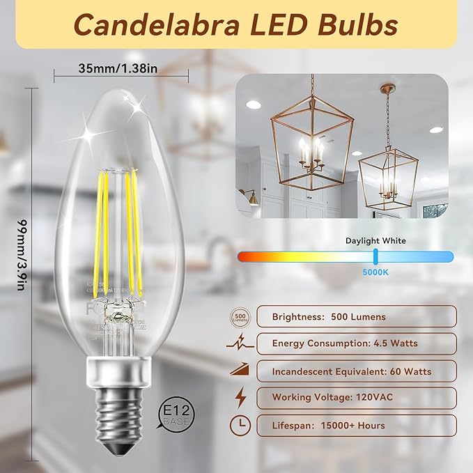 TJOY LED Candelabra Bulbs Dimmable, 60W Equivalent Chandelier Light Bulbs, E12 Small Base, 4.5W 5000K Daylight, B11 Vintage LED Filament Clear Glass Candle Light for Ceiling Fan, Chandeliers, 6 Pack