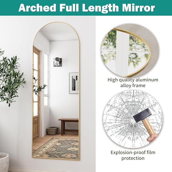 TinyTimes 57"x20" Arched Full Length Mirror, Full Floor Mirror with Stand, Large Full Body Mirror, Wall Mirrors for Bedroom Living Room, Aluminum Frame (Gold)