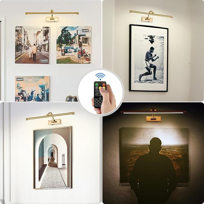 Picture Light Battery Operated with Remote, 3CCT Dimmable Picture Light for Paintings, Brass Rechargeable 24 inch Battery Operated Wall Sconce for Art Lighting Gallery Portrait Artwork