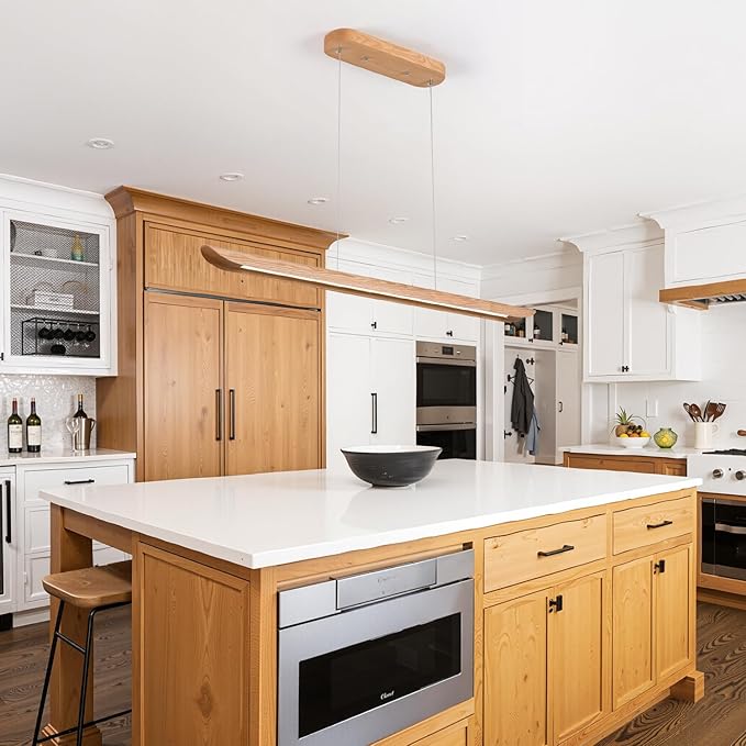 47" Wood Linear Pendant Light LED Pendant Lights Dimmable Pool Table Island Lights Modern Linear Chandeliers for Dining Room Kitchen Ceiling Pendant Lamp for Kitchen Island Pool Table Natural