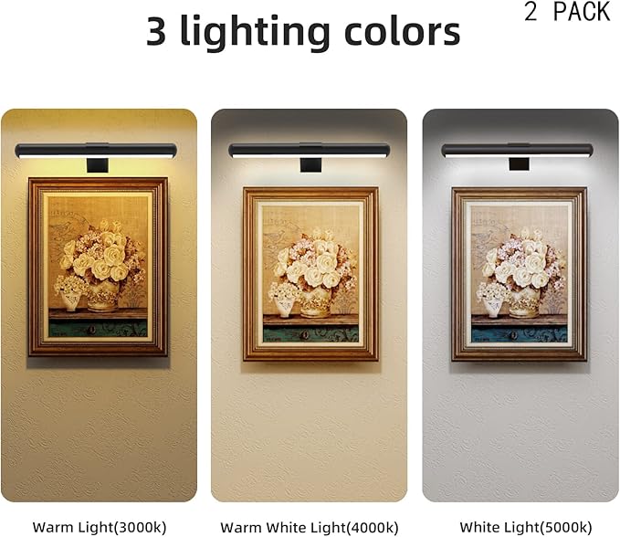 Picture Lights for Wall Art Rechargeable 5000mAh,Remote,Painting Light for Gallery, 3 Lighing Color Dimmable ,Full Metal Magnetic ,Wall Light for Artwork Frame Poster Canvas Dartboard Mirror Set of 2