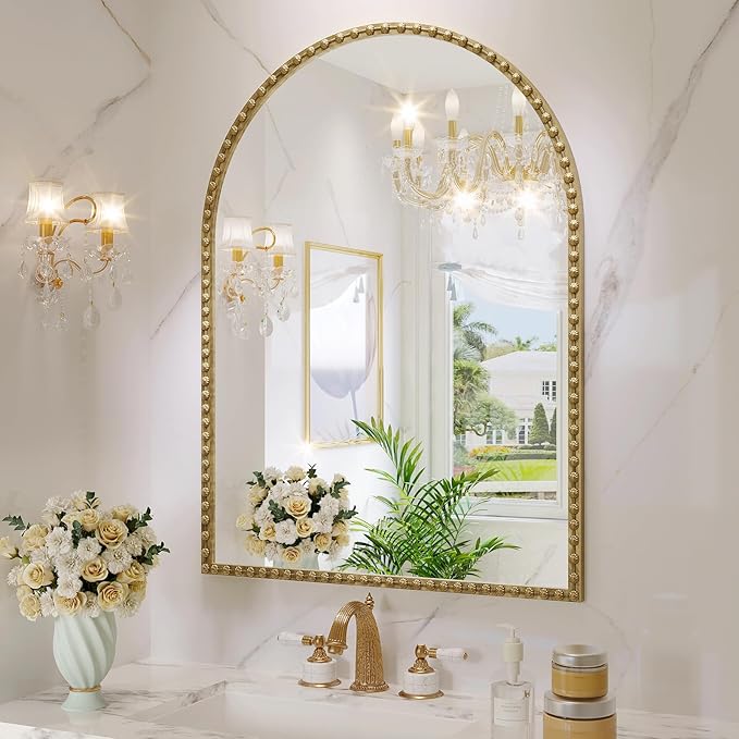 Arched Mirror for Wall, 20"x30" Antique Gold Arch Bathroom Vanity Mirror, Metal Floral Frame Decorative Arch Wall Mirror for Washroom, Bedroom, Entryway, Living Room