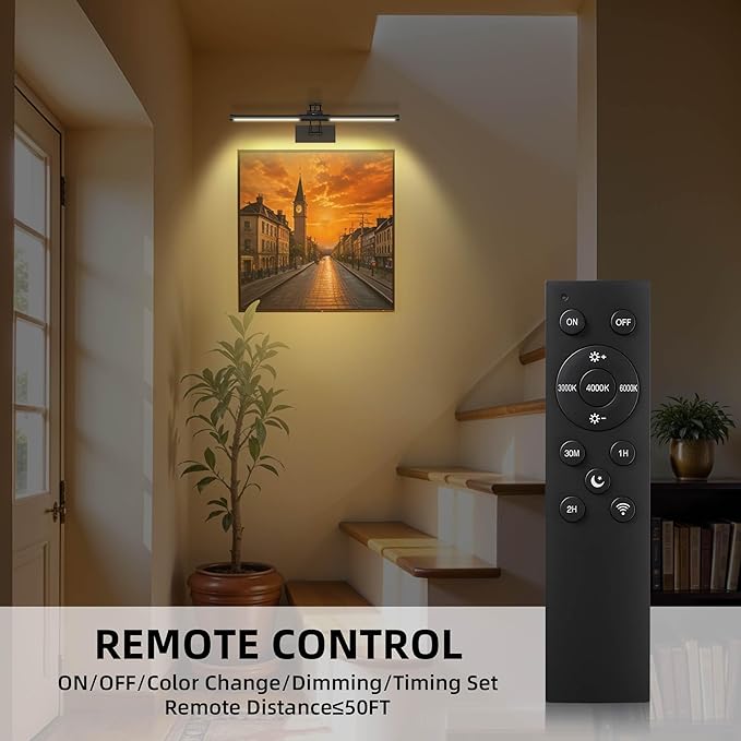 24“ Picture Lights for Wall Battery Operated, Wireless Picture Lights with Remote, Rechargeable Wall Light 3000K/4000K/6000K Dimmable, Art Lighting for Paintings Frame Gallery Dartboard Light, Black