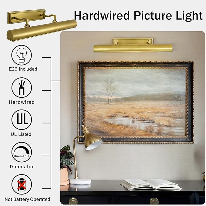 Picture Light 24" Brass Picture Lights for Wall 4-Light Gold Picture Frame Light Dimmable Art Gallery Light Accent Lighting Bathroom Wall Sconce for Artwork Poster Portrait Library Display