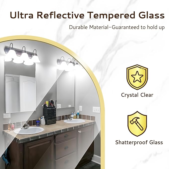 Arched Wall Mirror 24"X36", Gold Bathroom Vanity Mirrors for Over Sink, Modern Farmhouse Mirror Wall Mounted, Curved Arch Design for Bedroom, Living Room & Home Decor