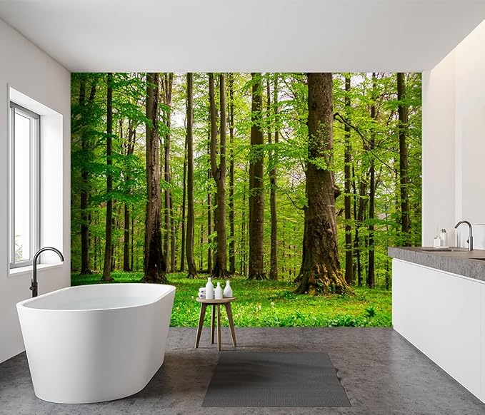 -Green Forest Landscapes Woodland Tree Fabric Wallpaper Living Room Bedroom Bathroom Jungle Wall Mural- 160"x108"（ not Peel and Stick）