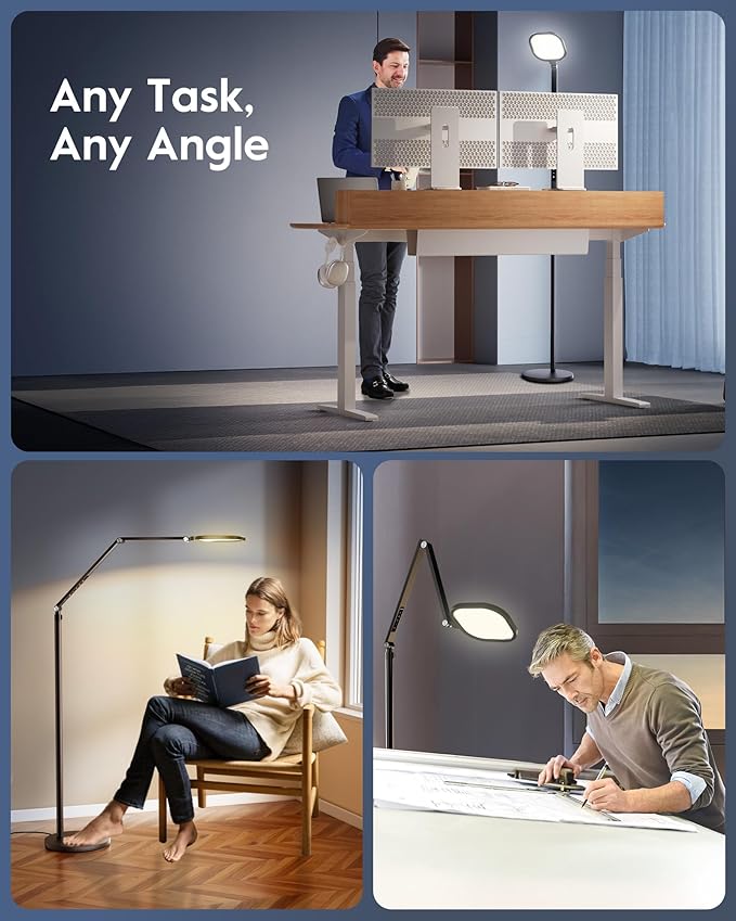 LED Floor Lamp for Office, 30 Lighting Modes Dimmable Standing Lamp with Memory & Timer Function, Soft Eye-Caring Office Lamp, Adjustable Swing Arm Reading Floor Lamp