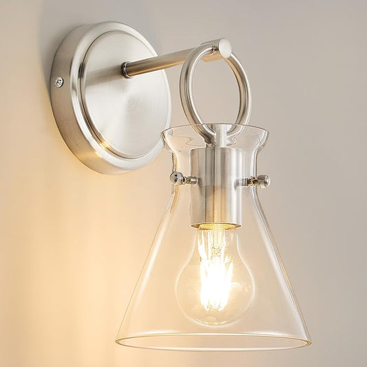 Wall Sconce for Bathroom Modern Vanity Light Fixtures Hardwired Wall Mount Lighting Lamp Farmhouse Wall Lights with 6" Clear Glass Shade for Bedroom Living Room, Brushed Nickel, 1 Pack