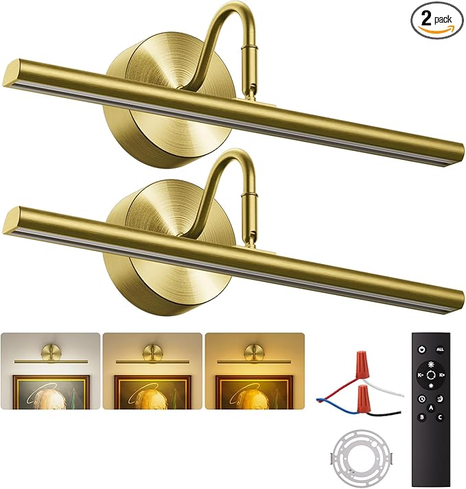 Picture Lights for Wall 16.5" 2PCS Hardwired LED Wall Lights with Remote, CCT Dimmable Art Poster Photo Light for Portrait Painting Artwork, Room Decor, 15W, 2700K-6500K, 1200LM, Brass