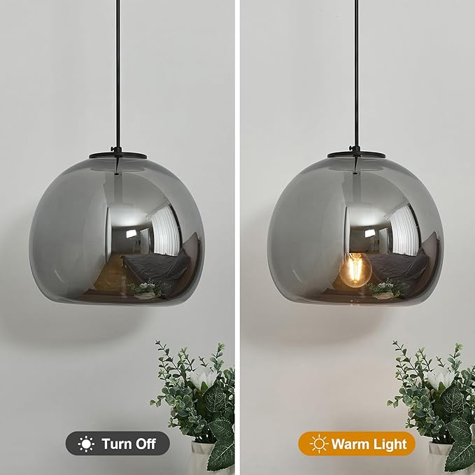 1-Light Mirror Gray Glass Pendant Lights Kitchen Island Black Hanging Light Fixture 9.84" Glass Globe Pendant Light Modern Pendant Lighting for Kitchen Island Bedroom Dining Room