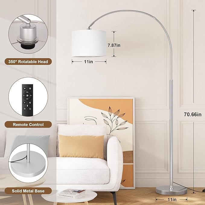 Ambimall Dimmable Arc Floor Lamp with Remote, Color Temperatures and Brightness Adjustable, Arched Floor Lamp with Rotating Head, Over Couch Arched Reading Light for Living Room (White and Silver)