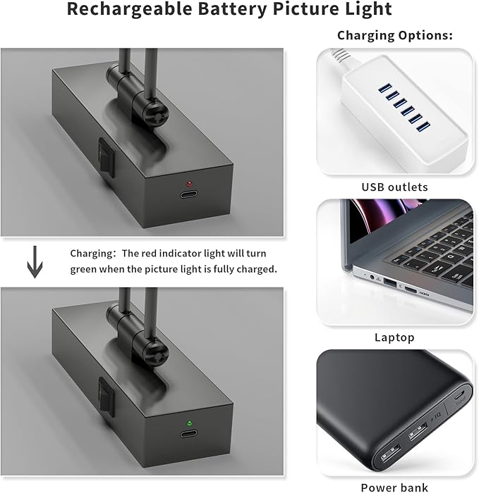 JUSHENG Battery Operated Picture Light with Remote and Timer, Wireless Art Light with Swing Arm, Rechargeable Gallery Lighting Display Light for Frame Artwork-Brushed Grey 16'' Inch