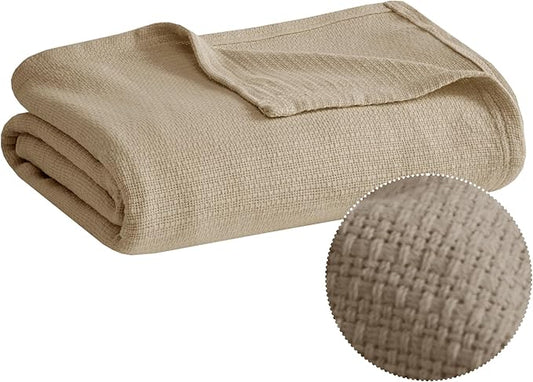 Madison Park Freshspun Basketweave Luxury Cotton Blanket Khaki 66x90" Twin Size Basketweave Premium Soft Cozy 100% Cotton For Bed, Couch or Sofa