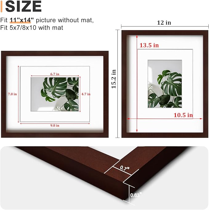 Egofine 11x14 Picture Frames Made of Solid Wood with Plexiglass, Display Pictures 5x7/8x10 with Mat or 11x14 Without Mat Set of 4 for Tabletop and Wall Mounting, Walnut Color