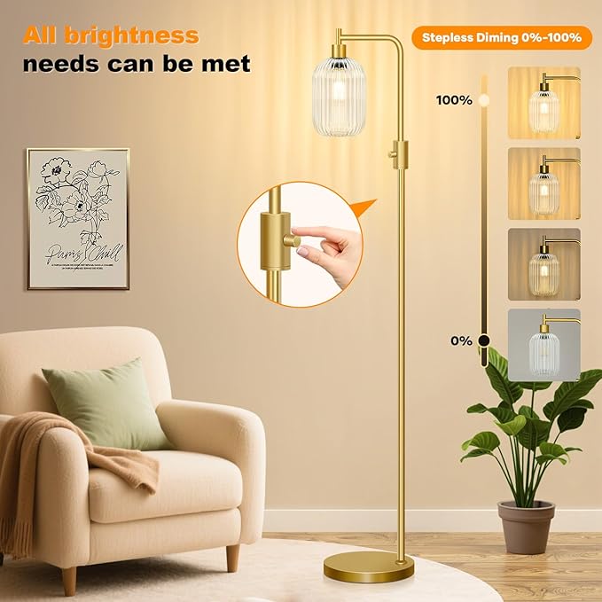 【Upgraded】 Dimmable Glass Floor Lamp for Living Room, Modern Gold Standing Lamp with Clear Ribbed Glass Lampshade & Knob Dimmer, Arc Tall Lamp for Bedroom Office Reading Room, 2700K Led Bulb Included
