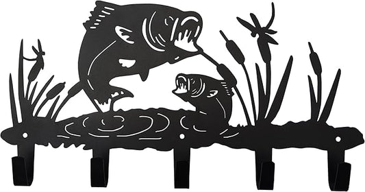 Metal Fish Coat Hooks Wall Art Decor-Fish Hangers and Key Holder-Clothes Rack and Backpack Hanger-Animal Theme Hooks Sweet Home Decor for Storage, Living Room, Hallway, Office (Black)