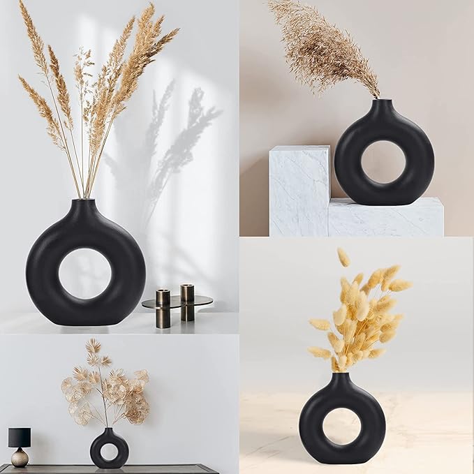 Black Ceramic Vase for Modern Home Decor, Round Matte Pampas Flower Vases Minimalist Nordic Boho Ins Style for Wedding Dinner Table Party Living Room Office Bedroom, Decorative Gift