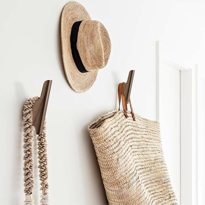 Wooden Wall Hooks 4 Pack Coat Hooks Mounted Walnut Wooden Hooks for Wall Hanging Hat, Towel, Bag, Backpack, Decorative Wood Heavy Duty Hook for Entryway and Bathroom (Walnut, Light)